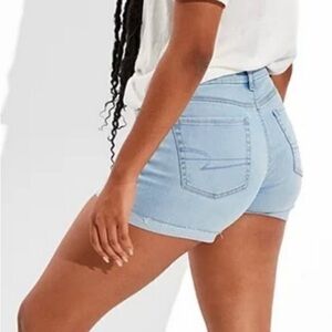 American Eagle Distressed Light Wash Hi Rise Shortie Denim Shorts 12